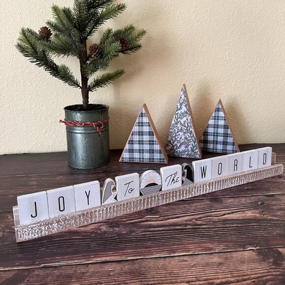 CLEARANCE!Wooden Ledgie Kit - JOY TO THE WORLD / 20"x2"x1" / White Black Grey - Picture 3 of 5